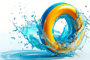 Colorful yellow and blue inflatable ring for swimming in water splashes on white background. Bright beach accessory. Round object for resting or relaxing on sea water