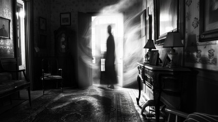 Wall Mural - ghost inside a house in black and white