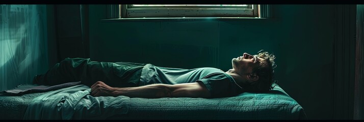 Poster - In a dark room, a man lies on a bed, staring blankly at the ceiling. His face shows emptiness and despair, adding to the sense of isolation and gloom. Generative AI