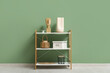 © Pixel-Shot - Modern shelving unit with houseplant and decor near green wall