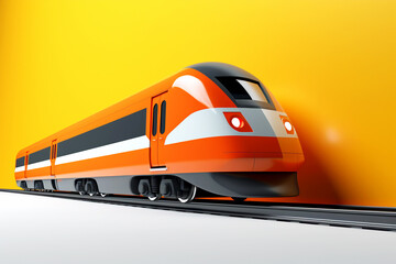 Passenger electric train, rail transport. Bright locomotive. Orange train on yellow background. Cartoon style