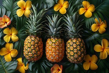 Wall Mural - Bright pineapples and flowers for a fun summer feel.
