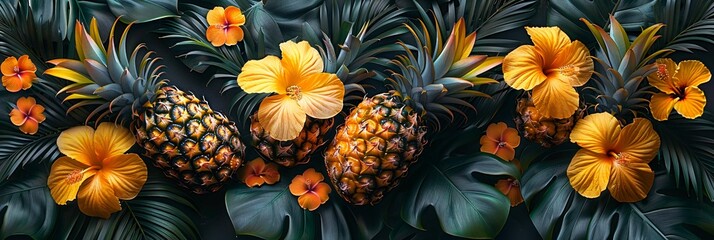 Wall Mural - Bright pineapple background with lush tropical elements.