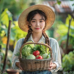 Wall Mural - The concept of biological, bio products, bio ecology, grown with one's own hands, vegetarians, and healthy salads. Photograph of young farmer holding fresh vegetables in a basket.