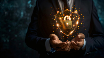 Poster - Businessman is showcasing a cyber security shield with a padlock, symbolizing data protection