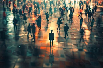 Fototapete - A lone figure stands in a crowded city square, the surrounding people blurred and out of focus, creating a sense of isolation despite being surrounded by others. Generative AI