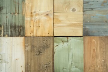Poster - Colorful patchwork of wooden panels with brown. Green. And blue hues. Showing signs of grunge and age. Perfect for adding warmth and charm to any space. Featuring rough grain and knots