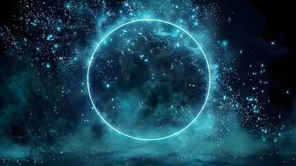 Wall Mural - vibrant neon turquoise light ring illuminating abstract fireworks against a dark background. concept