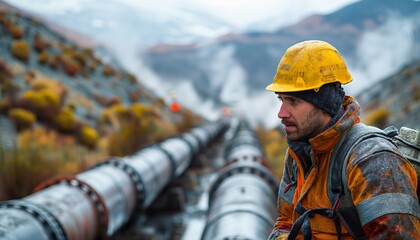 A construction worker surveys pipelines in a cold, snowy mountain setting