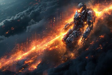 A cybernetic entity speeds through the fiery skies, evoking a powerful and dynamic energy