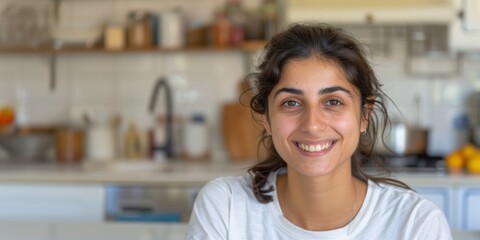 Poster - Smiling beautiful middle eastern young woman sitting at her home kitchen looking at the camera	