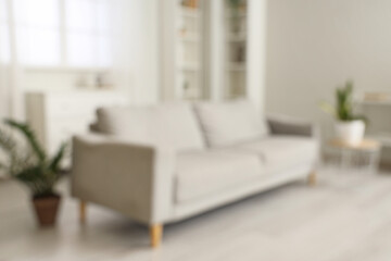 Wall Mural - Blurred view of light living room with grey sofa, plants and shelf units