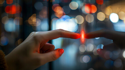 Aufkleber - Woman using a futuristic interface, pressing a glowing red button on a see-through screen with city lights in the backdrop