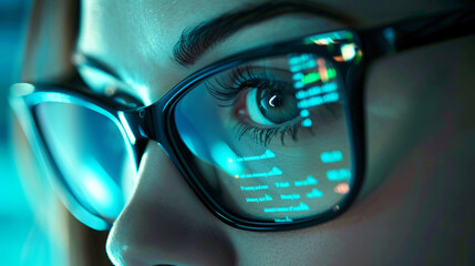 Fototapete - Woman programmer is working late and debugging code reflecting in her glasses