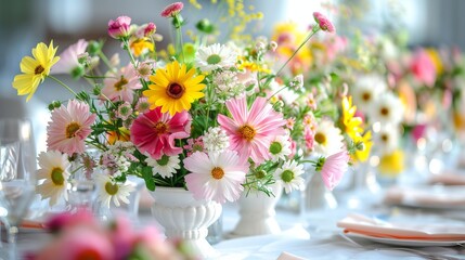 Wall Mural - Outdoor table set for lunch. On the table there are dishes with a variety of food, drinks and flower arrangements.