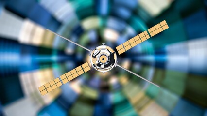 Wall Mural - A close up of a satellite in space with the sun behind it, AI