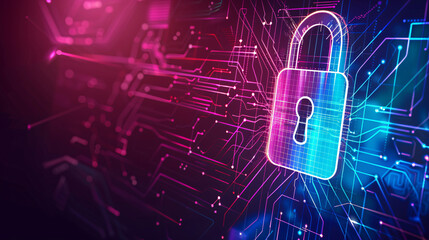 Poster - Shimmering padlock hovers over a circuit board, symbolizing digital safety