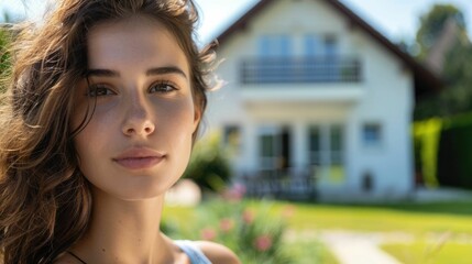 Wall Mural - A woman with brown hair and eye shadow is standing in front of a house, looking up at the sun with a smile. Her eyelashes flutter in the light as she shades her eyes with sunglasses AIG50