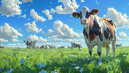 Sticker - A Herd of Cows Graze in a Lush Meadow Under a Blue Sky