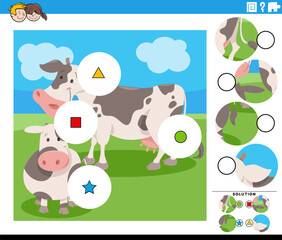 Wall Mural - match the pieces game with cartoon cow and calf farm birds
