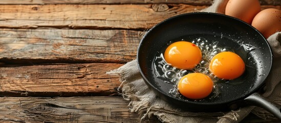 Wall Mural - Three eggs sizzling in a frying pan on rustic wood