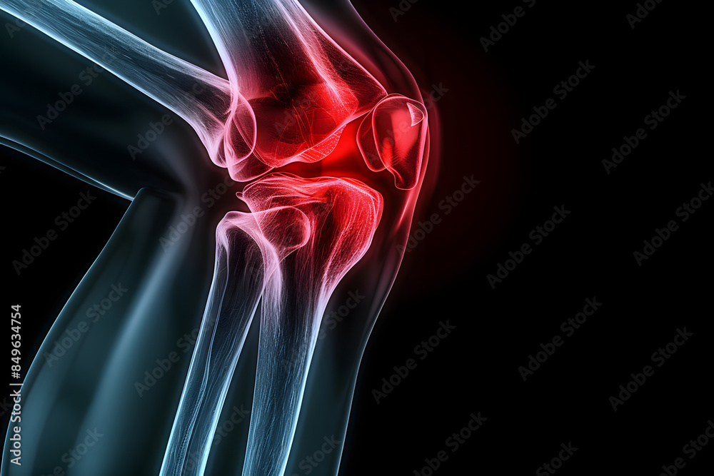 X-ray image of male human knee highlighting the painful area with red ...