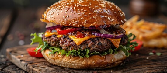 Juicy cheeseburger with meatballs, onions, and toppings