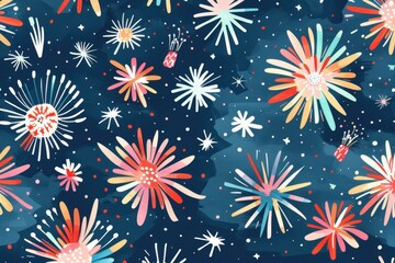pattern of cute watercolor fireworks on a dark blue background, in the style of clipartcore, with simple and colorful illustrations Generative AI