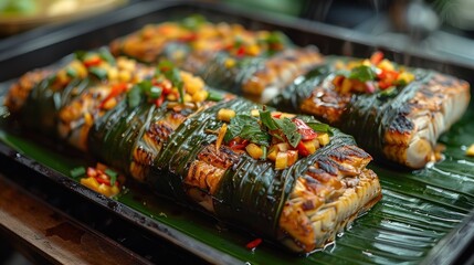 Wall Mural - Grilled Fish Parcels in Banana Leaf