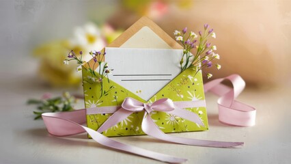 Canvas Print - A small envelope with flowers and a ribbon on top, AI