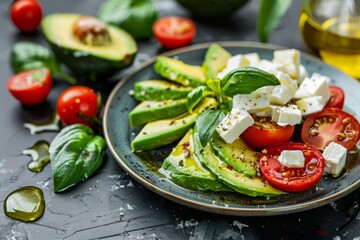 Plate of avocado, tomatoes, feta cheese, and basil on table