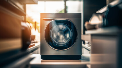 Wall Mural - A close up of a washing machine sitting in the middle of an open room, AI