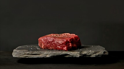 Wall Mural - High-quality raw steak on a stone board in a dark setting. Perfect image for food blogs, restaurant menus, and culinary websites. Photorealistic style with a premium meat accent. AI