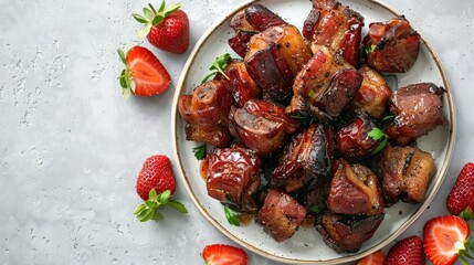 Sticker - Plate of dates and bacon with strawberry on white surface