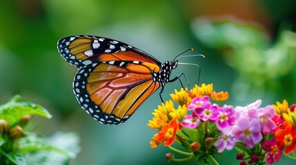 Wall Mural - Monarch Butterfly Feeding on Colorful Flowers