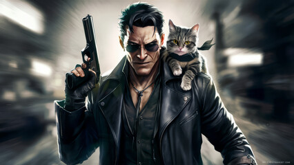 A man with a cat on his shoulder holding gun and knife, AI