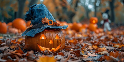 A carved pumpkin with a witch's hat sits amidst fallen leaves, glowing in the twilight of an autumn forest, capturing the spirit of Halloween.
