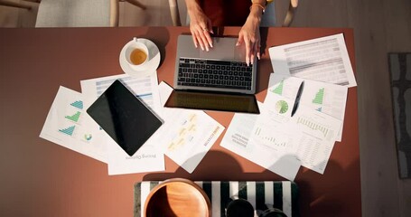 Aufkleber - Woman, above view and laptop with typing notes for work in home office or living room with graphs for job. Technology, data analyst and employee or small business owner with startup in Germany.