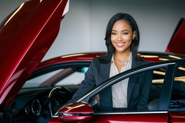 Canvas Print - A woman smiling while standing next to a red car, AI