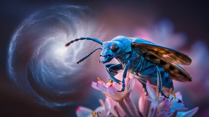 Poster - A blue bee on a flower with spiral galaxy in background, AI