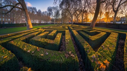 Wall Mural - a box hedge maze city at golden hour wide angle at dusk