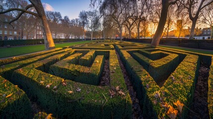 Poster - a box hedge maze city at golden hour wide angle at dusk