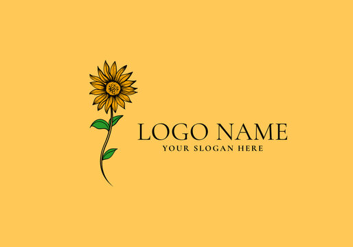 logo line sunflower branch. Logo floral, botanical, line handrawn. Editable file