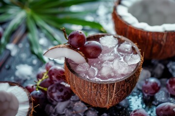 Wall Mural - A coconut filled with refreshing ice and sweet grapes placed on a tabletop