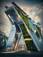 modern building designed with zero-carbon principles. The structure is a blend of glass and steel