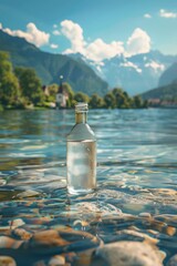Wall Mural -  clean drinking water in a bottle against the background of a lake and mountains Generative AI