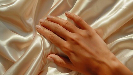 Sticker - Close-up of Hand on Smooth Satin Fabric