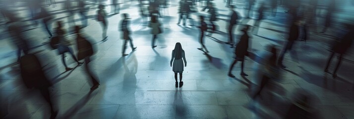 Poster - A solitary woman stands in a crowded room, the background blurred to emphasize her isolation. Generative AI