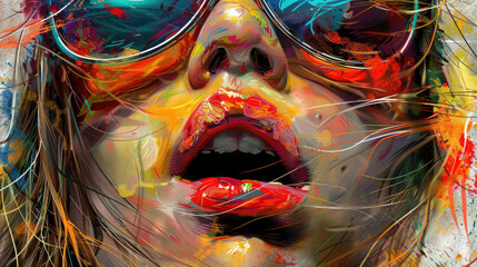 Wall Mural - Close-up abstract painting of a womans face with sunglasses and open mouth. The painting is vibrant and colorful, with bright hues of red, yellow, blue, and green