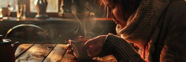 Aufkleber - A person sits at a wooden table, holding a steaming cup of tea in both hands, looking down at the liquid. The warm, soft lighting creates a melancholic atmosphere. Generative AI